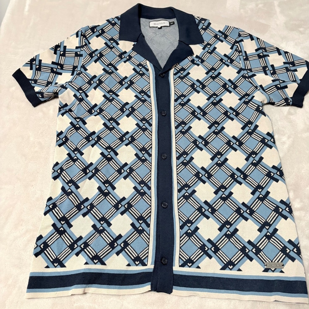 Mauvais Geometric Knit Button Down Shirt Mens Blue Size Large Short Sleeve